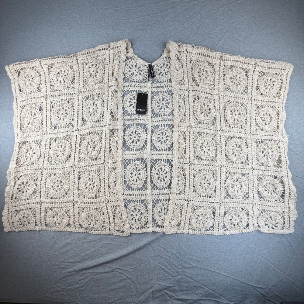 Torrid Beige Crochet Open Front Maxi Ruana Kimono Cover Up OS NWT Granny Square